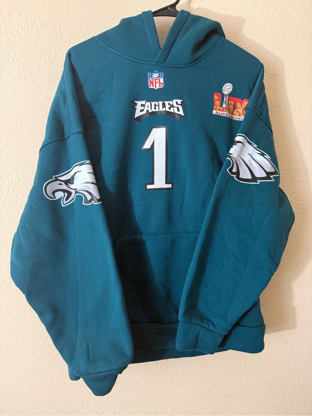 NFL Philadelphia Eagles Jalen Hurts Super Bowl Green Hoodie Sweatshirt Sz S NWOT